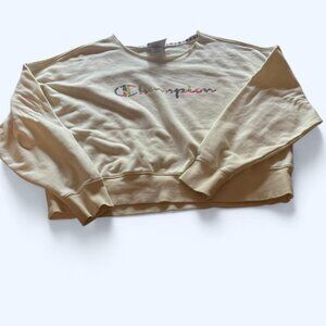 Champion Cropped Floral Logo Cream Sweatshirt | Size L